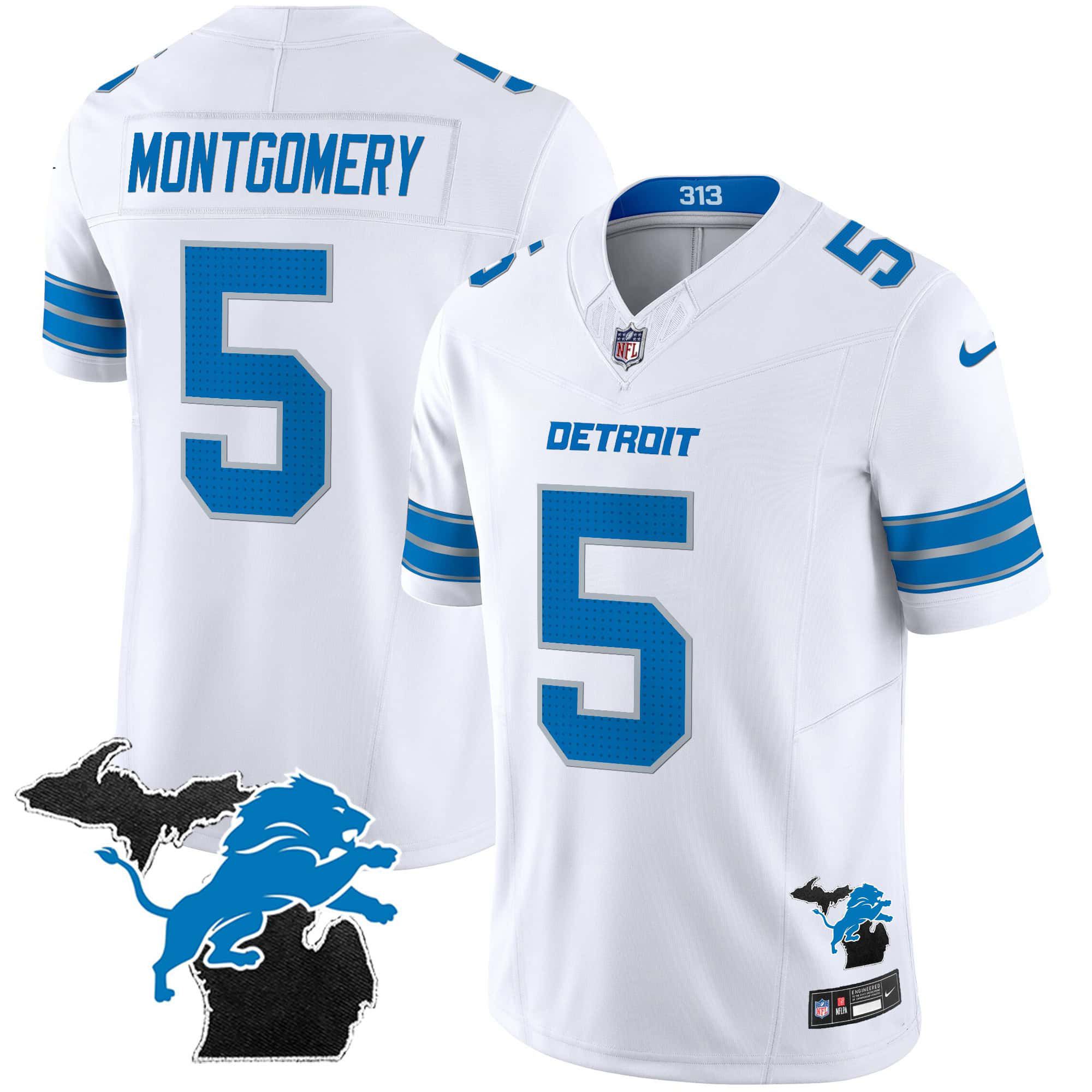 Men Detroit Lions #5 Montgomery White 2024 Nike Michigan Patch Vapor Limited NFL Jersey